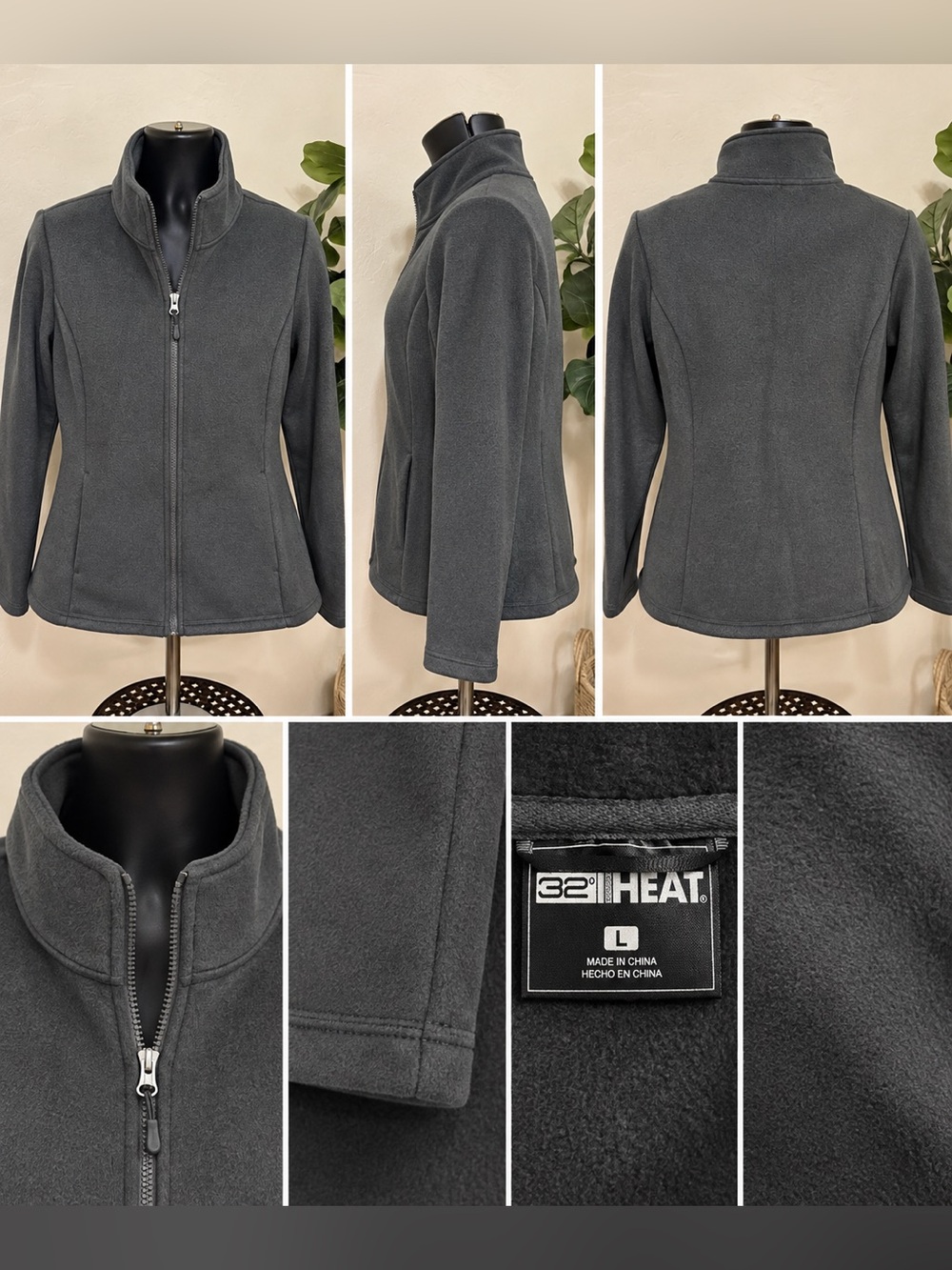 32 Degrees Women's Charcoal Gray Full-Zip Teddy Fleece Jacket